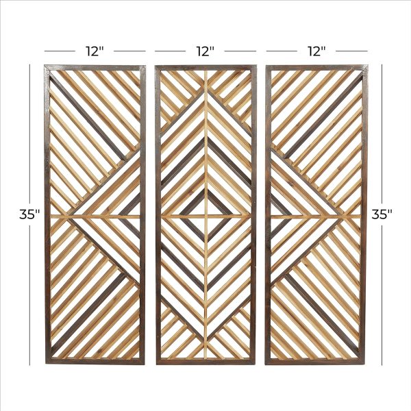 bulk purchase deco 79 wood geometric home wall decor slatted wood design wall sculpture, set of 3 wall art 12"w, 35"h, brown trade price