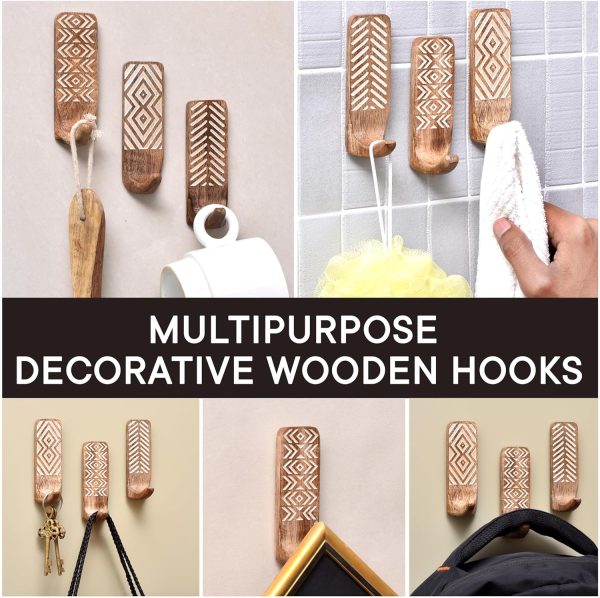 competitive pricing indian shelf 3 pack no damage wood wall hooks- adhesive wall hooks -boho key decorative wall hooks for hanging- wood hangers -sticky coat hooks wall mount- towel hooks for bathroom wall mounted-style1 one-stop wholesale