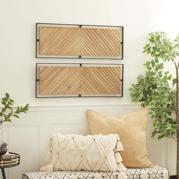 bulk purchase deco 79 wooden geometric home wall decor linear carved wall sculpture with black frame, set of 2 wall art 32"w, 12"h, brown trade price