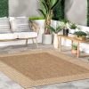 manufacturer direct nuloom 5' x 8' outdoor area rug, casual design with striped border, stain resistant, highly durable, for patio, balcony, bedroom, living room, dining room, bathroom, light brown trade price