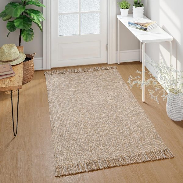 manufacturer direct collive washable area rug 3' x 5', modern woven kitchen rugs, tan/cream braided cotton rug indoor door mat throw carpet for entryway living room nursery mudroom laundry room trade price