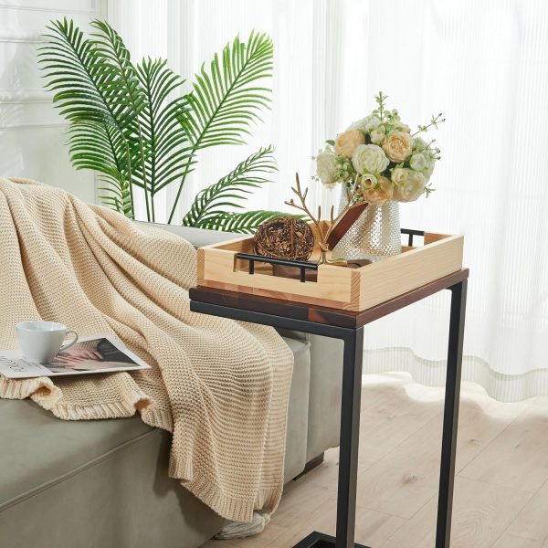 wholesale direct wooden serving tray by tasteful surroundings – ottoman tray - natural wood color with black metal handles - modern decorative trays with metal handles – coffee table tray for living room & bedroom bulk purchase at factory prices