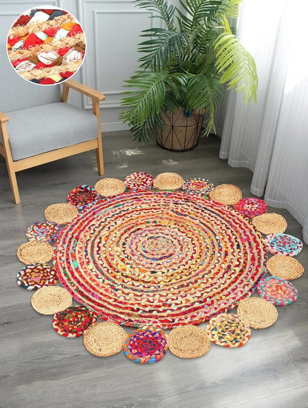 manufacturer direct 4' round handwoven jute chindi area rug - colorful boho rugs for living room - hand braided multicolor bohemian rug for farmhouse, bedroom, dining room, classroom, hallway, kitchen, office trade price