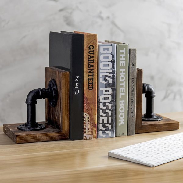 supplier direct mygift rustic brown wood bookends with realistic industrial pipe design, decorative office bookends shelf decor desk book holder l-shaped stand, 1-pair wholesale prices