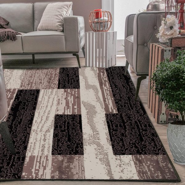 manufacturer direct superior indoor area rug, jute backed, modern geometric patchwork floor decor for bedroom, office, living room, entryway, hardwood floors, rockwood collection, 3' x 5', chocolate trade price