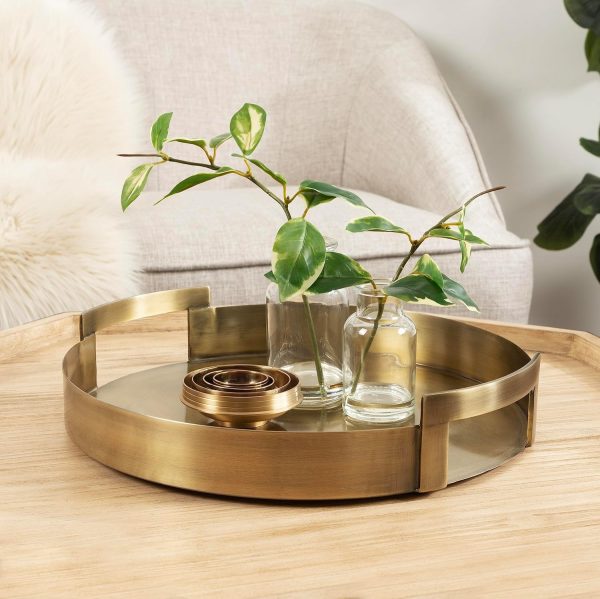 wholesale direct kate and laurel myo transitional metal round tray, 15 x 15, brass, modern glam circular decorative serving tray with handles for storage, display, and decor bulk purchase at factory prices