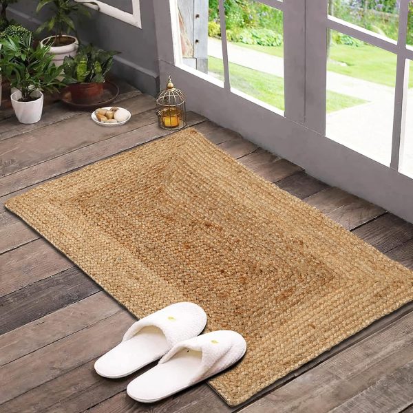 manufacturer direct jute braided natural rug 2’x3' -natural linen colour, hand woven & reversible for living room kitchen entryway rug, jute burlap braided rag rug 24x36 inch, farmhouse rag rug, rustic rug trade price
