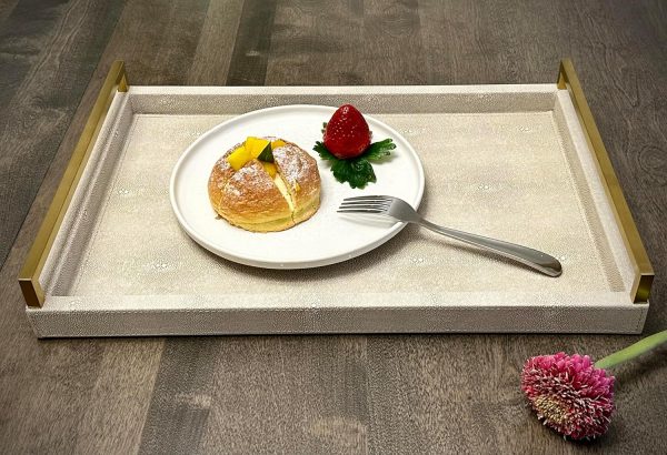 wholesale direct wv 17.8 * 11.8 “ ivory shagreen large serving tray, faux leather home decorative tray, coffee table ottoman tray with brushed gold stainless steel handle （ivory bulk purchase at factory prices