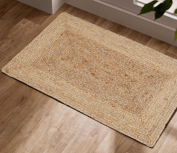 manufacturer direct jute braided natural rug 2’x3' -natural linen colour, hand woven & reversible for living room kitchen entryway rug, jute burlap braided rag rug 24x36 inch, farmhouse rag rug, rustic rug trade price