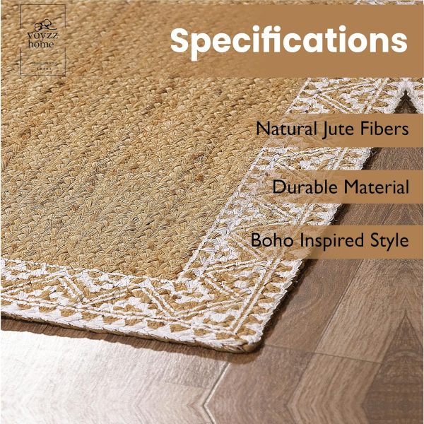manufacturer direct voyzz home jute braided runner area rug, 6x9-feet rectangular printed jute rug natural handmade jute area rug for entryways living room bedroom farmhouse vintage decor trade price