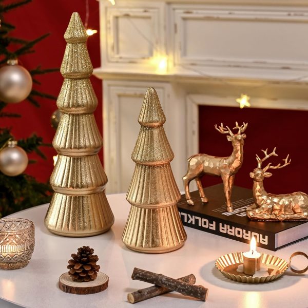 dropship from factory wooden christmas tree figurine, 2pcs gold tree figurines, decorative trees for tabletop, small glittered golden xmas tree figurines for christmas mantle indoor decor mass production supply