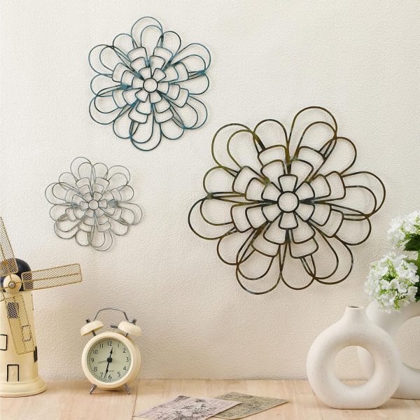 factory direct ferraycle 3 pieces metal wall decoration metal flower 11.8 inches 9.8 inches 7.9 inches wall sculpture metal flower wall art for bedroom living room bathroom kitchen office hotel wall(multicolored) volume discount