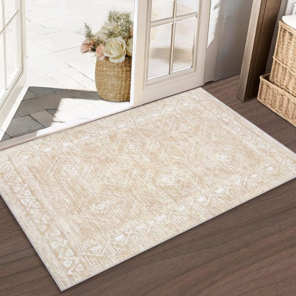 global sourcing moroccan area rug 2x3 - washable distressed entryway rug non-slip small rug, soft low-pile geometric farmhouse indoor door mat floor carpet for entrance bedroom kitchen bathroom (2 x 3, beige) oem/odm services