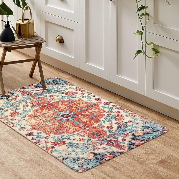 global sourcing lahome bohemian floral medallion area rug - 2x3 oriental distressed small bath rug country vintage doormat faux wool non-slip washable low-pile carpet for bathroom kitchen laundry room decor oem/odm services