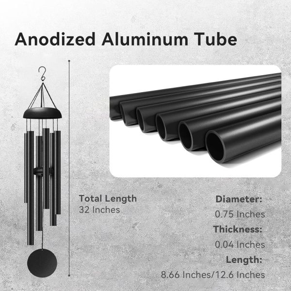 producer to buyer windchimes outdoors, 32 inches deep tone metal wind chimes with 6 thickened aluminum tubes, wind chimes for outside, memorial wind chimes best gift for mom grandma women, black discounted pricing
