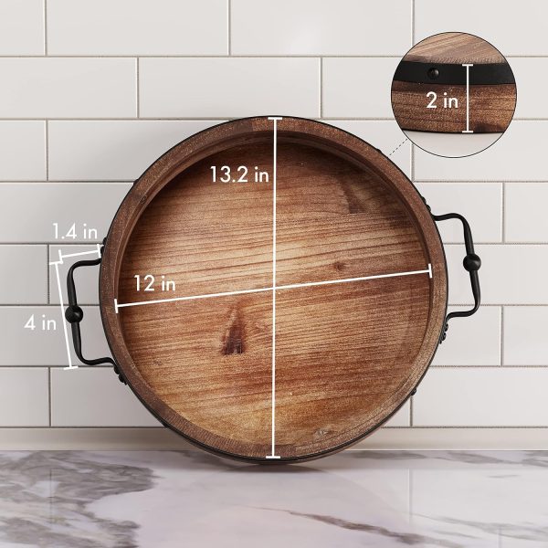wholesale direct round coffee table tray - 13'' farmhouse wood serving tray with metal handles - round decorative tray for coffee table - round ottoman tray decor - wooden circle tray for kitchen counter bulk purchase at factory prices