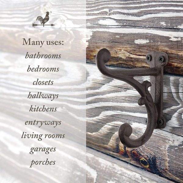 competitive pricing rustic cast iron coat hooks (3 pack) rustic dark brown, wall mounted, farmhouse decorative, heavy duty wall hooks for hanging coats, hats, towels (mounting hardware included) one-stop wholesale