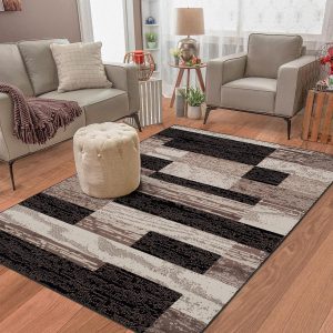 manufacturer direct superior indoor area rug, jute backed, modern geometric patchwork floor decor for bedroom, office, living room, entryway, hardwood floors, rockwood collection, 3' x 5', chocolate trade price