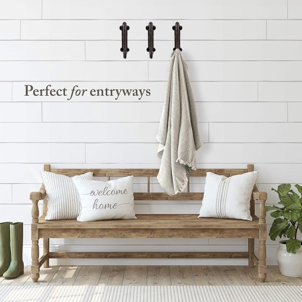 competitive pricing rustic cast iron coat hooks (3 pack) rustic dark brown, wall mounted, farmhouse decorative, heavy duty wall hooks for hanging coats, hats, towels (mounting hardware included) one-stop wholesale