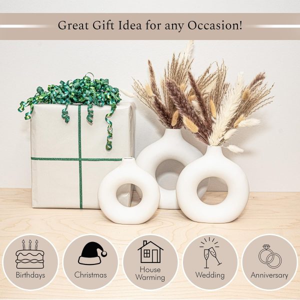 oem/odm services velova set of 3 white ceramic vase with 65 pcs dried pampas grass flowers aesthetic boho modern small round cute vases for decor living room coffee table shelf bedroom office desk home gifts women mom affordable bulk deals