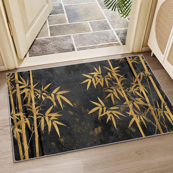 manufacturer direct bamboo rugs for living room - bamboo rug, 2x3 rug, gold bamboo leaf botanical area rug, rustic asian black door mat, washable & non slip & soft small carpet, bamboo home decor gifts trade price