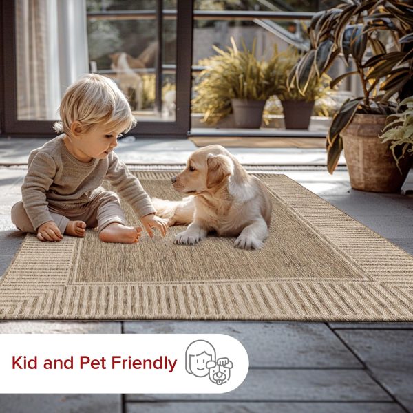 manufacturer direct nuloom 5' x 8' outdoor area rug, casual design with striped border, stain resistant, highly durable, for patio, balcony, bedroom, living room, dining room, bathroom, light brown trade price
