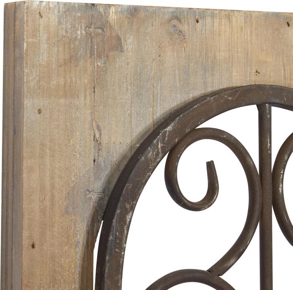 bulk purchase deco 79 wood scroll home wall decor window inspired wall sculpture with metal scrollwork relief, wall art 11" x 2" x 23", brown trade price