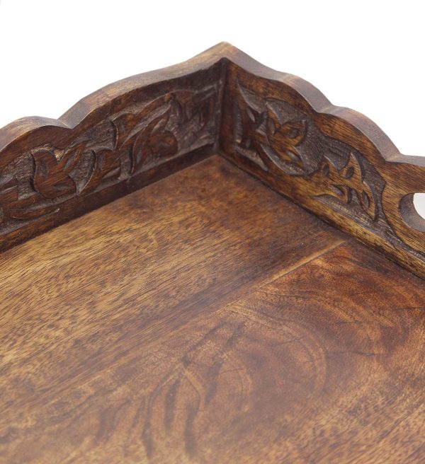 wholesale direct hand carved wooden serving tray - decorative breakfast tray with handles - rustic wooden food tray with intricate detail - unique furnishing accent - natural finish - 17 x 13 x 2.5 inch - cotton craft bulk purchase at factory prices