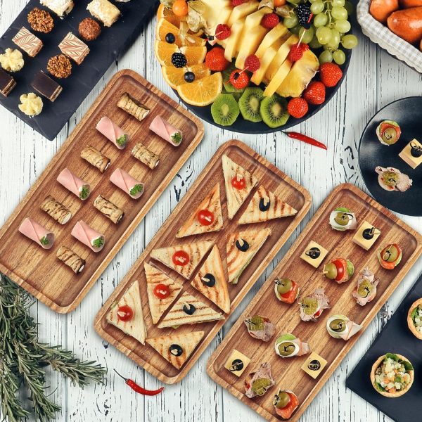 wholesale direct acacia wood serving trays, set of 3 wooden serving platters for home decor, food, cheese, fruit, vegetables, charcuterie, appetizer serving tray(11.8 x 5.1 x 0.78 inches) bulk purchase at factory prices