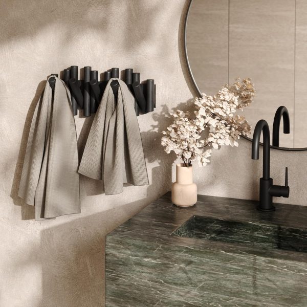 competitive pricing umbra picket wall-mounted coat rack rail hook with 5 retractable wood pegs – modern, space-saving storage organizer, black one-stop wholesale