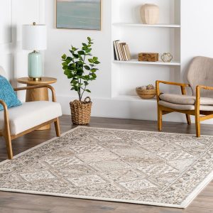 global sourcing nuloom 3x5 becca traditional tiled area rug, beige, faded transitional design, stain resistant, for bedroom, dining room, living room, hallway, office, kitchen, entryway oem/odm services