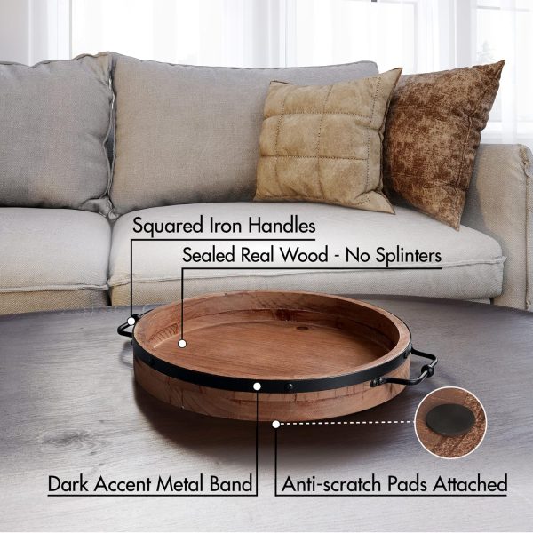 wholesale direct round coffee table tray - 13'' farmhouse wood serving tray with metal handles - round decorative tray for coffee table - round ottoman tray decor - wooden circle tray for kitchen counter bulk purchase at factory prices