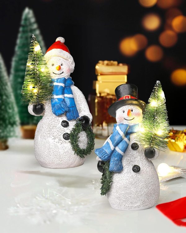 dropship from factory istatue resin snowmen figurines with lighted christmas tree and wreath 5'' - set of 2 battery operated - holiday decorations home decor (snowman) mass production supply