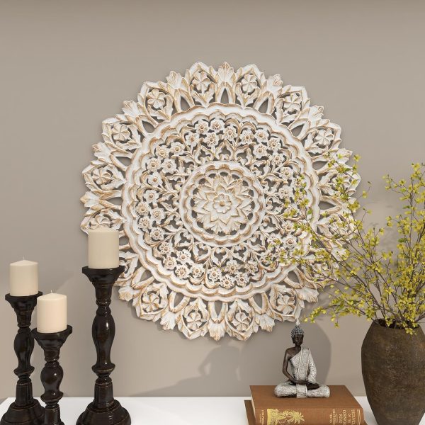 bulk purchase deco 79 wood floral handmade home wall decor intricately carved mandala wall sculpture, wall art 35" x 2" x 35", white trade price