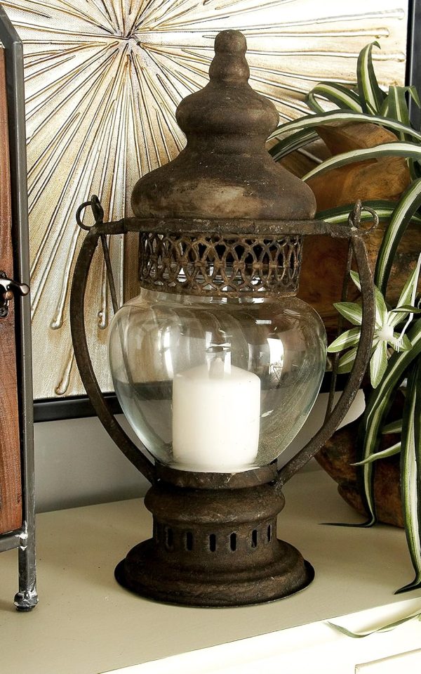 custom wholesale deco 79 metal indoor outdoor candle lantern decorative lantern candle holder with handle, lantern 8" x 6" x 14", brown oem/odm services