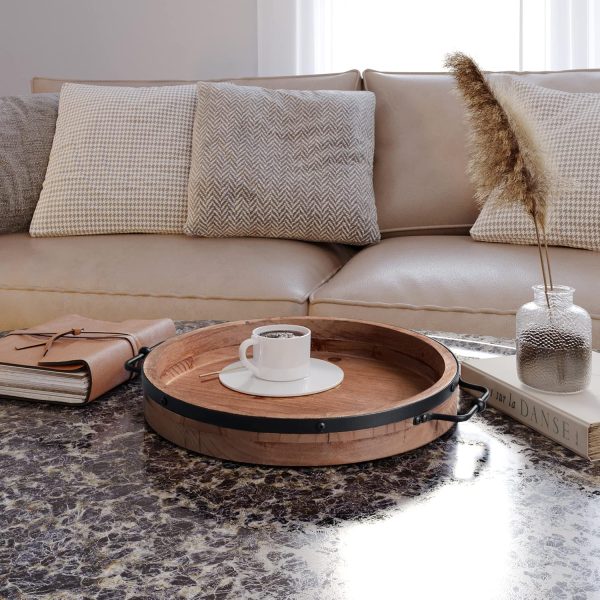 wholesale direct round coffee table tray - 13'' farmhouse wood serving tray with metal handles - round decorative tray for coffee table - round ottoman tray decor - wooden circle tray for kitchen counter bulk purchase at factory prices