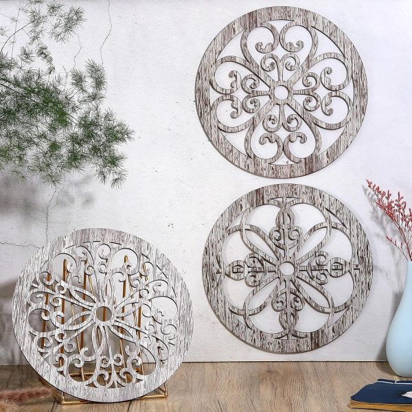 bulk purchase yulejo 4 pcs thicken rustic wall decor farmhouse wall art wooden hollow carved design decor rustic round wall art for living room bedroom hallway decor kitchen wall (retro white,9.8 x 9.8 inch) trade price