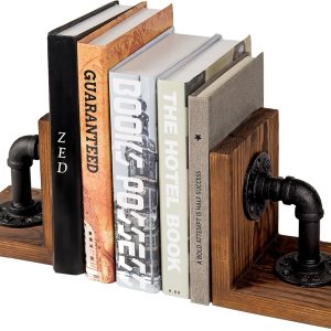supplier direct mygift rustic brown wood bookends with realistic industrial pipe design, decorative office bookends shelf decor desk book holder l-shaped stand, 1-pair wholesale prices