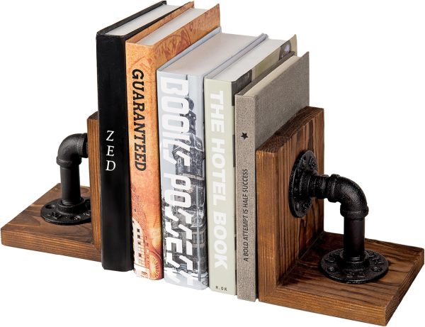 supplier direct mygift rustic brown wood bookends with realistic industrial pipe design, decorative office bookends shelf decor desk book holder l-shaped stand, 1-pair wholesale prices