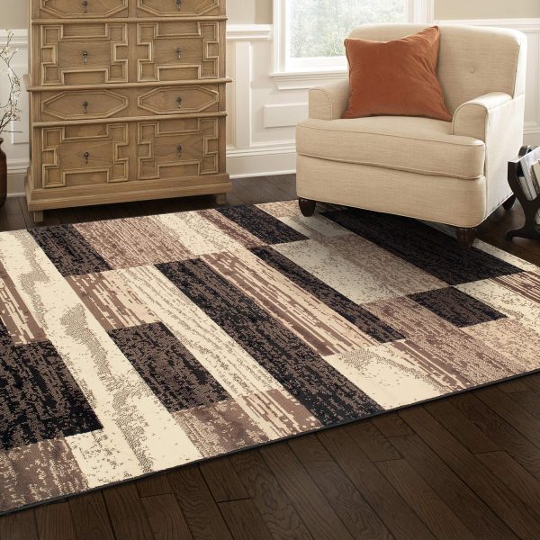manufacturer direct superior indoor area rug, jute backed, modern geometric patchwork floor decor for bedroom, office, living room, entryway, hardwood floors, rockwood collection, 3' x 5', chocolate trade price