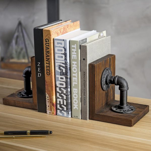 supplier direct mygift rustic brown wood bookends with realistic industrial pipe design, decorative office bookends shelf decor desk book holder l-shaped stand, 1-pair wholesale prices