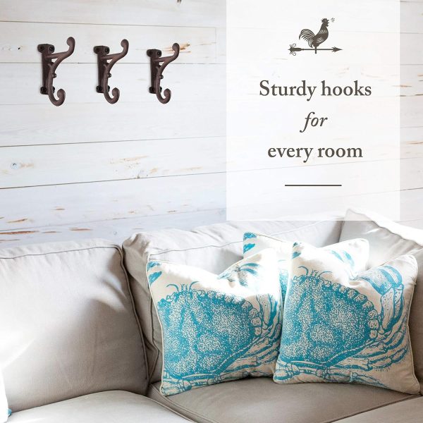 competitive pricing rustic cast iron coat hooks (3 pack) rustic dark brown, wall mounted, farmhouse decorative, heavy duty wall hooks for hanging coats, hats, towels (mounting hardware included) one-stop wholesale