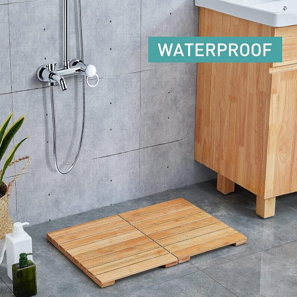 manufacturer direct waterproof bamboo bath mat for shower, wooden floor mat for bathroom, foldable | non-slip | heavy duty, shower mat for indoor outdoor, 23.5in x 15.6in trade price