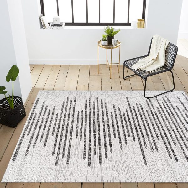 manufacturer direct jonathan y smb124d-5 zolak berber stripe geometric indoor outdoor area rug bohemian contemporary easy cleaning bedroom kitchen backyard patio non shedding, 5 x 8, ivory/black trade price