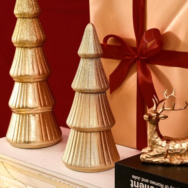 dropship from factory wooden christmas tree figurine, 2pcs gold tree figurines, decorative trees for tabletop, small glittered golden xmas tree figurines for christmas mantle indoor decor mass production supply