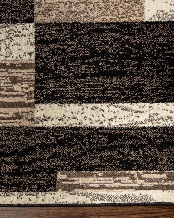 manufacturer direct superior indoor area rug, jute backed, modern geometric patchwork floor decor for bedroom, office, living room, entryway, hardwood floors, rockwood collection, 3' x 5', chocolate trade price
