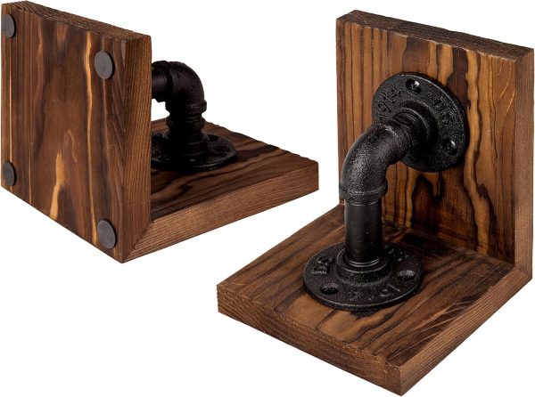 supplier direct mygift rustic brown wood bookends with realistic industrial pipe design, decorative office bookends shelf decor desk book holder l-shaped stand, 1-pair wholesale prices
