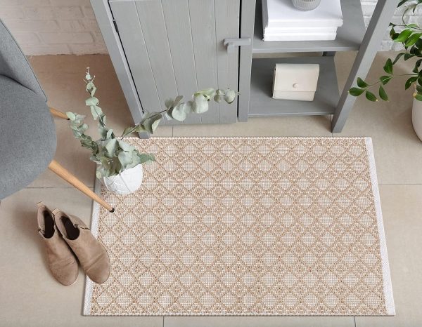 global sourcing the beer valley diamond woven rug 2'x3' - beige, anti-slip farmhouse accent cotton rugs for entryway kitchen bedroom bathroom - 24x36 inches oem/odm services