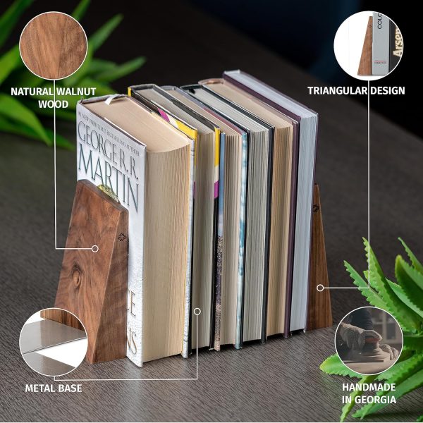 supplier direct tilisma book ends for shelves - handmade wooden bookends with metal base, walnut tree - sturdy book holders for heavy books - fancy modern decorative book accessories to hold books firmly on bookshelf wholesale prices