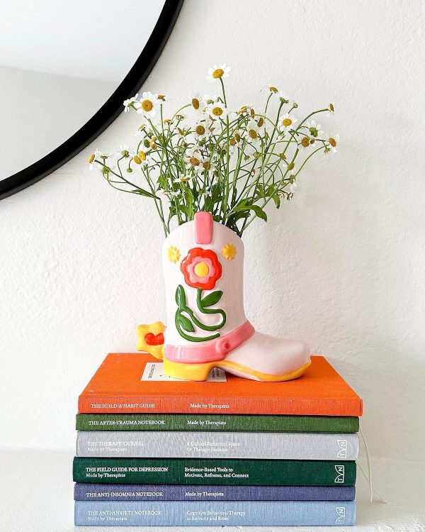 oem/odm services ban.do small cowboy boot vase, cute cowgirl boot vase, colorful ceramic shelf decor for home or office, unique/quirky/funky/fun flower vase doubles as pencil cup, giddy up affordable bulk deals